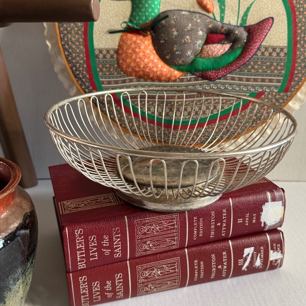 Vintage Silver Plated on Steel Wire Fruit Basket Mid-century Modern Cottagecore